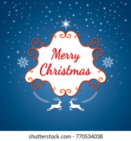 Christmas poster or packing. Santa Claus on a sleigh with deer on the background of hanging Christmas decorations and garlands. flat vector