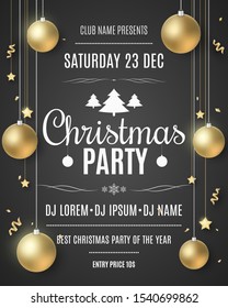 Christmas poster for party. Festive concept. Golden balls and stars. Serpentine and confetti. DJ and club name. Greeting card. Stylish lettering in frame. Vector illustration. EPS 10