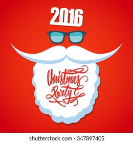 Christmas poster for party. New year 2016. Christmas party hand drawn text design. Santa's beard and sunglasses.