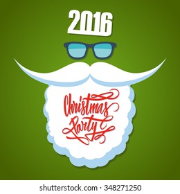 Christmas poster for party. New year 2016. Christmas party hand drawn text design. Santa's beard and sunglasses.