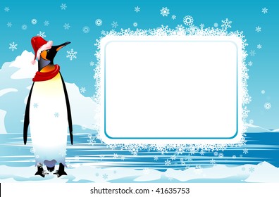 Christmas poster with a penguin in a red cap and a scarf. A vector illustration.