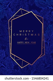 Christmas Poster with pine branches on dark blue background. New year illustration. Winter card design.