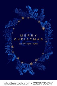 Christmas Poster with pine branches on dark blue background. New year illustration. Winter card design.
