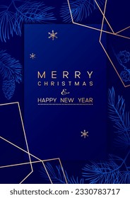 Christmas Poster with pine branches on dark blue background. New year illustration. Winter card design.