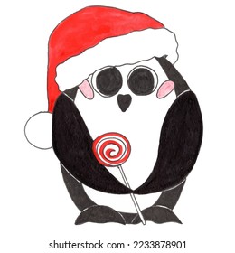 Christmas poster with pinguin. Watercolor