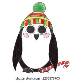 Christmas poster with pinguin. Watercolor