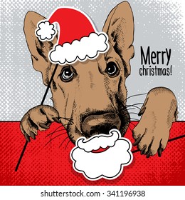 Christmas poster. Portrait of a dog German Shepherd with photo booth props. Vector illustration.