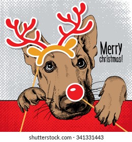 Christmas poster with the portrait of a dog German Shepherd with the photo booth props. Vector illustration.