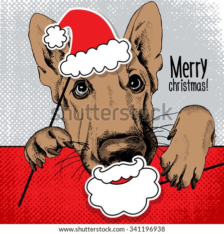 Christmas Poster Portrait Dog German Shepherd Stock Vector (Royalty