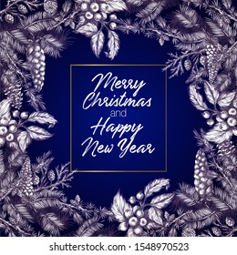 Christmas poster or postcard with pine, holly berry in graphic style. 