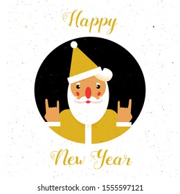 Christmas poster. Print with Santa claus hand rock horn gesture. Grunge. Black and gold. Vector