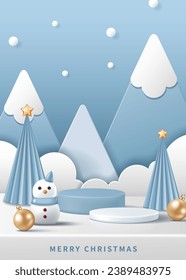Christmas poster for product demonstration. Blue pedestal or podium with snowman, baubles and Christmas trees on blue background.
