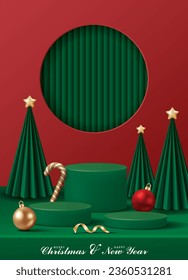 Christmas poster for product demonstration. Green pedestal or podium with bauble, candy cane and Christmas trees on red background.