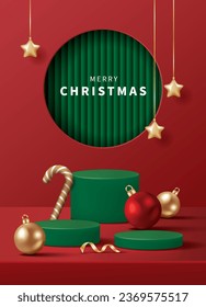 Christmas poster for product demonstration. Green pedestal or podium with bauble, candy cane and stars on red background.