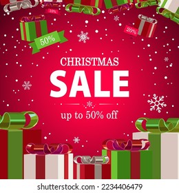 Christmas poster with red, green and white gift boxes with price tags. Big Christmas sale, banner on red background with snowflakes. Vector illustration.