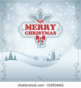 Christmas Poster with Retro Frame, Label, Tree and House. Vector Template for Cover, Flyer, Brochure.