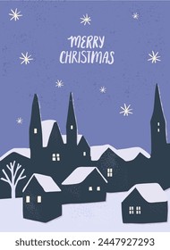 Christmas poster, retro print, winter village with curch silhouette, starry sky. Peaceful holiday scene, vector illustration.