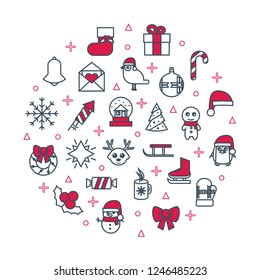Christmas poster. Round concept template. Thin line icons set new year. Xmas web symbols outline flat style for Merry Christmas tree, mobile app background, party decoration, celebration, game, Winter