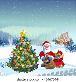 Christmas poster with Santa Claus, brightly decorated Christmas tree, gifts and a cozy little house. Template greeting card or invitation. Vector illustration.