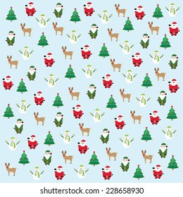 Christmas poster with Santa Claus, elf, reindeer, christmas tree, snowman in the background / Christmas vintage vector illustration