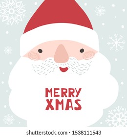 Christmas poster with Santa Claus, lettering "merry xmas", snowflakes in flat style. Greeting card, banner, postcard. Vector illustration.