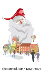 Christmas poster with Santa Claus in the old city. Christmas greeting card. Vector illustration.