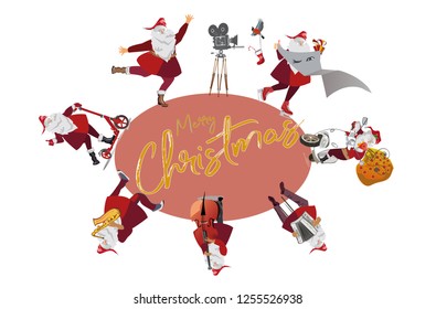 Christmas poster with Santa Claus in the old city. Christmas greeting card. Vector illustration.