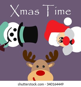 Christmas poster with Santa Claus, Snowman and Reindeer faces / Christmas poster with Xmas Time inscription / Christmas vector illustration