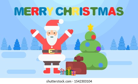 Christmas poster. Santa in the woods by the Christmas tree