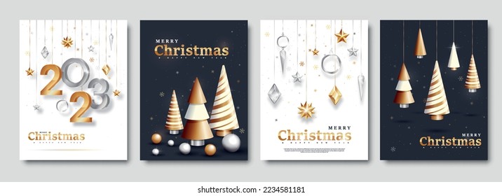 Christmas poster set. Collection of graphic elements for website, greeting and invitation postcard design. Winter holidays and New Year. Cartoon 3D vector illustrations isolated on white background