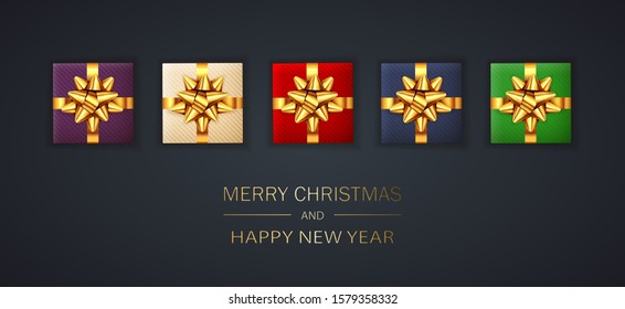 Christmas poster. Set of colored realistic gifts with golden bows on black background. Illustration with holiday lettering can be used for Christmas design, posters, cards, websites, headers, banners.