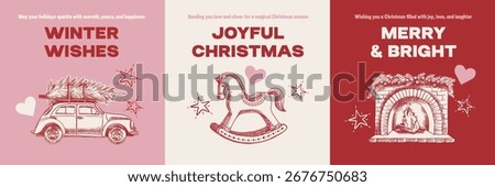 Christmas poster set with hand drawn holiday illustrations. Festive mood, elegant vintage style. Vector sketch banners