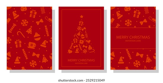 Conjunto de póster de Navidades. Tarjetas de Festiva Corporativas. Plantillas creativas abstractas universales con el árbol de navidad, marcos adornados y fondos. Tarjetas de invitación de fiesta de Navidad de negocios. Color rojo intenso