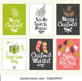 Christmas poster set in sketch style. Beautiful new year funny symbols, cock, snowflakes, gift, mistletoe, surprise, cookie, ball, cone, bells and holiday lettering. Vector illustration.