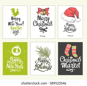 Christmas poster set in sketch style. Beautiful new year funny symbols, cock, ball, socks, gloves, rooster, gift, surprise, bells and holiday lettering. Vector illustration.