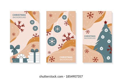 Christmas poster set with stylized gifts, tree and balls. Flat graphic design of Stories in pastel colors. Place for text. Vector illustration