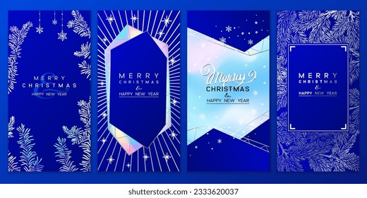 Weihnachtsbesteck. Vektorgrafik von Weihnachtshintergrund mit Ästen von Weihnachtsbaum und Silberelementen auf Blau. Weihnachtsvorlage für das Telefon. Geschichten Einladung.