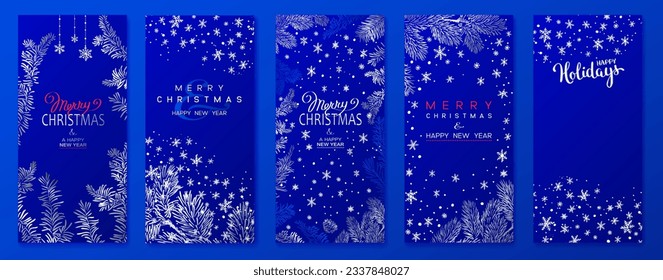 Christmas Poster set. Vector illustration of Christmas Background with branches of christmas tree and silver elements. Christmas template for phone. Stories invitation.