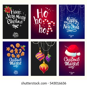 Christmas poster set with vector illustration. Beautiful new year funny symbols, holly, poinsettia, ball, Santa's cap, surprise, cookie and holiday lettering.