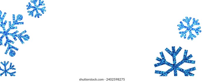 Christmas poster with shiny blue glittering snowflakes on a white background. Vector winter illustration