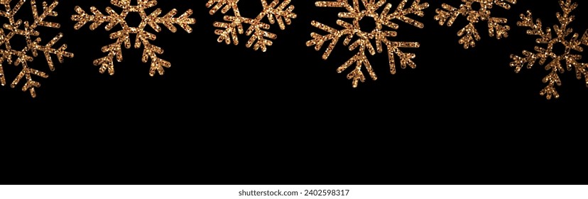 Christmas poster with shiny golden glittering snowflakes on black background. Vector winter illustration