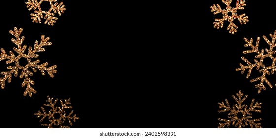 Christmas poster with shiny golden glittering snowflakes on black background. Vector winter illustration