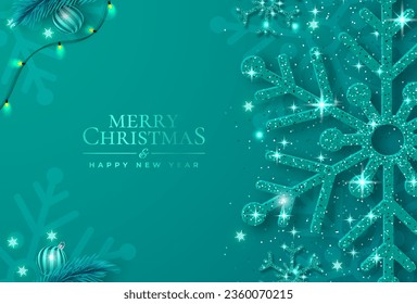 Christmas poster with shiny green snowflakes on a green background. Vector illustration