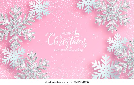 Christmas Poster With Shiny Silver Snowflakes On A Pink Background. Vector Illustration