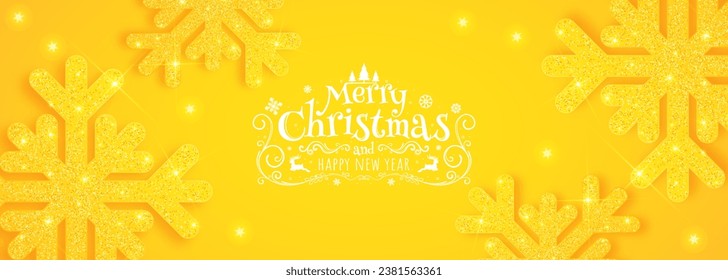 Christmas poster with shiny yellow snowflakes on a yellow background. Vector illustration.