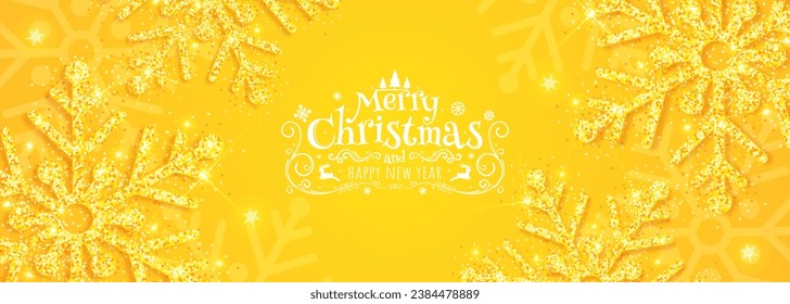 Christmas poster with shiny yellow snowflakes on a yellow background. Vector illustration.