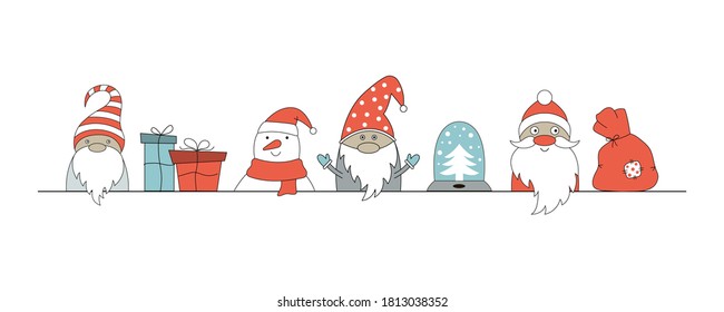 Christmas poster with a snowman,gnomes, Santa Claus. Vector hand-drawn illustration in Scandinavian style.   Can be used for web design, poster, greeting cards.