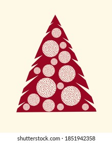Christmas poster with stylized balls in a fir tree. Greeting New Year cards flat graphic design. Place for text. Vector illustration