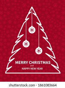 Christmas poster with stylized balls in a fir tree. Greeting New Year cards flat graphic design. Place for text. Vector illustration