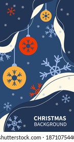 Christmas poster with stylized balls. Flat graphic design of Stories in blue colors. Place for text. Vector illustration
